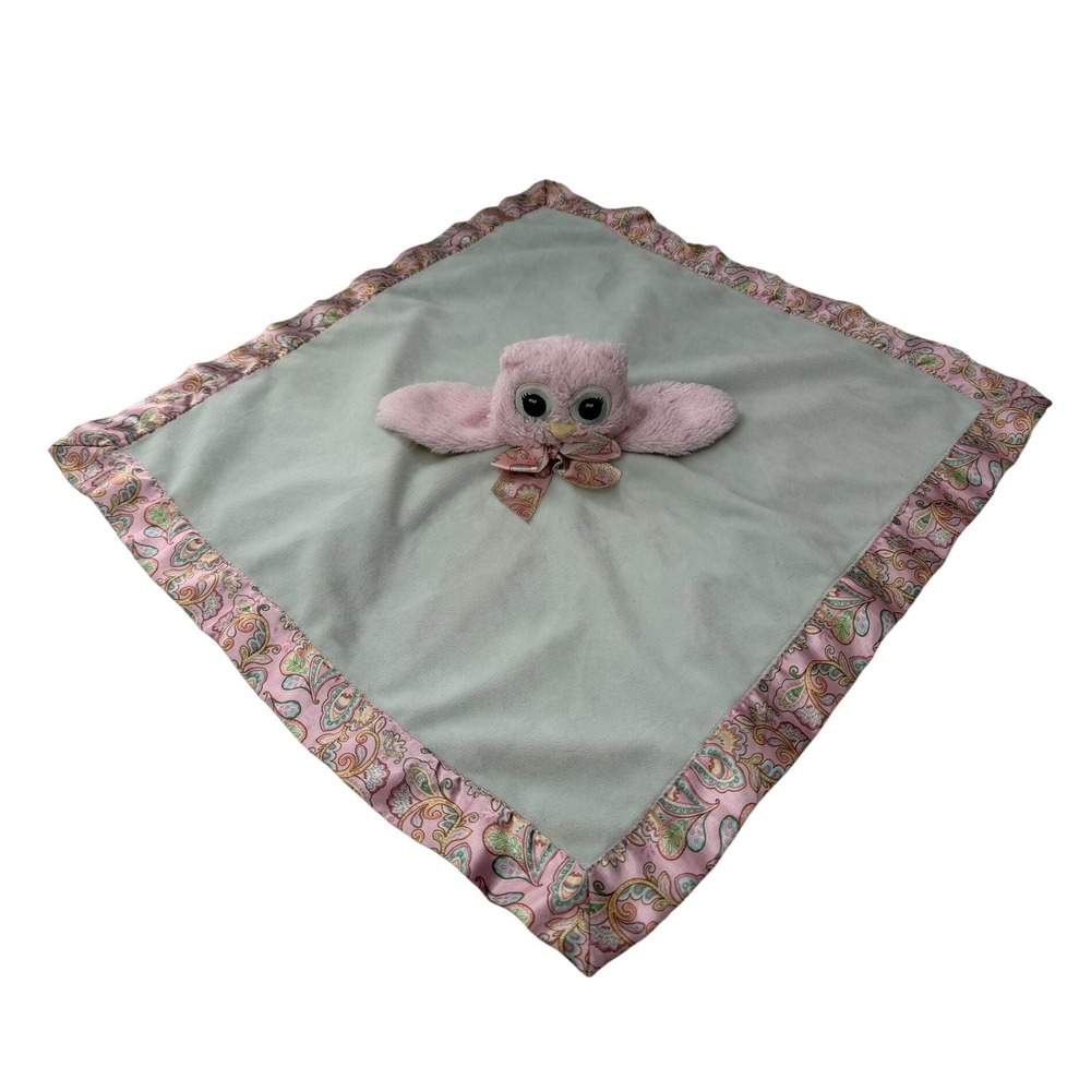 Bearington Baby Owl Security Blanket Lovey Pink Paisley Satin Sage Green 18"